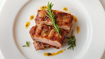 Minimalist presentation of grilled lamb with rosemary garnish  