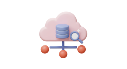 Isolated Pink Cloud Database Network with Magnifying Glass