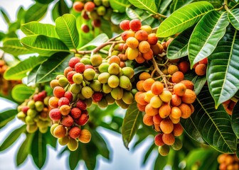Intricate details of Sterculia quadrifida branch, showcasing ripe fruits and lush foliage, in a studio setting.