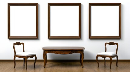 Elegant Interior Space with Three Empty Frames and Classic Wooden Furniture Arrangement