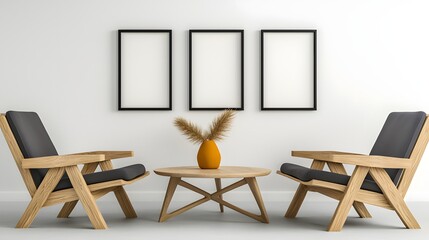 Modern Minimalist Living Room with Two Wooden Chairs and a Round Table Featuring a Decorative Vase