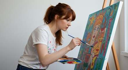 A redhead artist passionately paints a vibrant, abstract portrait on a canvas, showcasing her creativity and artistic skill.