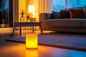 Cozy living room with warm ambient lighting and modern sofa