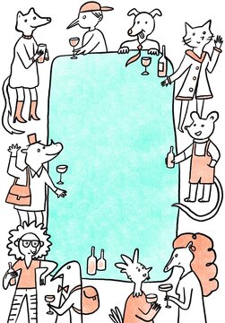 Antropomorphic Animals Having a Party and Drinking around a Big Table