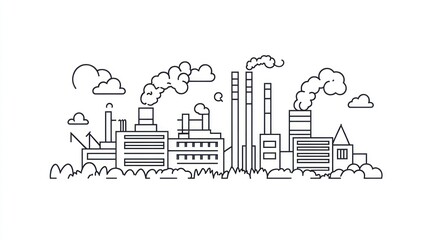 Industrial landscape, city skyline, factory, smoke stacks, simple design, background, illustration, graphic, use in web design
