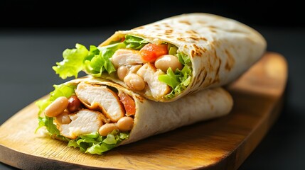 Fresh Chicken Wrap with Lettuce and Beans Served on a Wooden Board Against a Dark Background