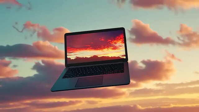 A laptop floating in the sky during sunset, with vibrant clouds in the background