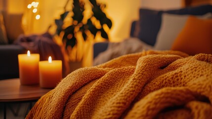 Cozy autumn living room with warm yellow blanket, candles, and soft lighting.