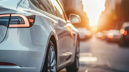 Silver car parked on city street at sunset.