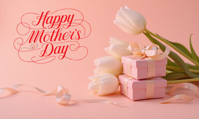 Elegant Happy Mother’s Day Greeting with Tulips, Gift Boxes & Calligraphy Text – Perfect for Cards & Social Media