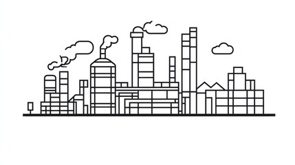 Obraz premium Industrial Complex Line Drawing, Cityscape, Factories, Background