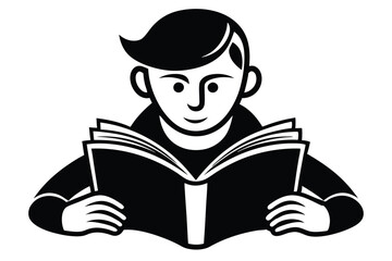 Young Boy Reading Open Book in Cartoonish Style, Isolated on White Background