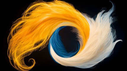 Dynamic Abstract Swirl of Vibrant Yellow, White, and Blue Colors on a Dark Background