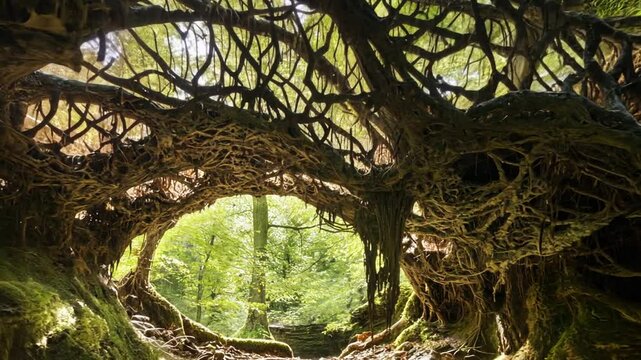 Enchanting living root bridge of Meghalaya, India with interconnected roots natural wonder