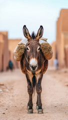 donkey carrying hay on its back in desert village setting, showcasing rural life and animal labor