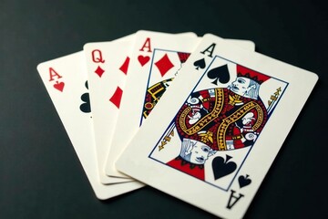 Four aces fanned out, showing intricate details , winning, macro