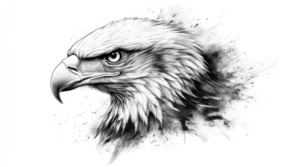 Majestic eagle head profile, sketched, white background, ink splatters, wildlife art