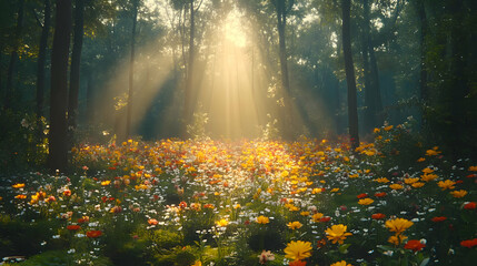 Sunlit Forest Meadow with Colorful Flowers