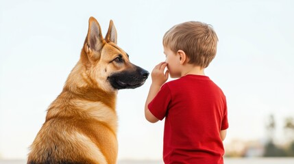 Young caucasian male child with german shepherd dog outdoors