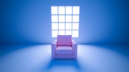 Minimalist Pink Armchair Bathed in Soft Blue Light with Geometric Window in Modern Interior Space