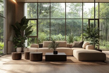 Modern spacious living room with large windows overlooking lush greenery