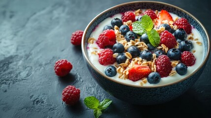 Fresh yogurt bowl topped with berries and granola, offering a healthy breakfast option.