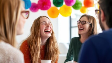 Group of young caucasian adults laughing at a colorful party setting