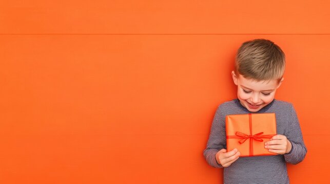 Smiling caucasian young boy holding gift against orange background - Powered by Adobe