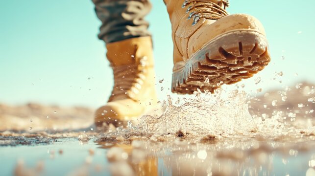 Close-up of boots splashing in water on muddy ground with caucasian male - Powered by Adobe