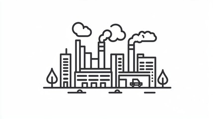 Industrial cityscape, simple line drawing, factory, city, urban