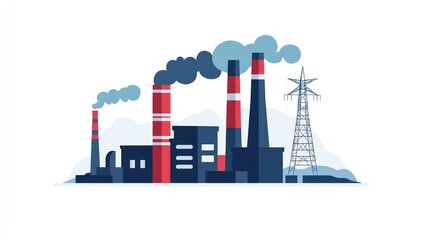 Obraz premium Industrial Plant Emission, Factory Background, Power Line, Environmental Impact