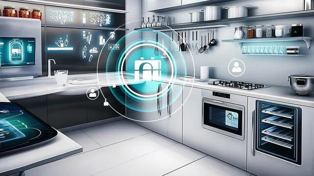 Modern smart kitchen interior design with advanced technology for cooking and preparation
