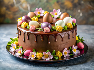 Delicious chocolate icing Easter cake with colorful choco eggs and flower decorations. Tasty holiday food background