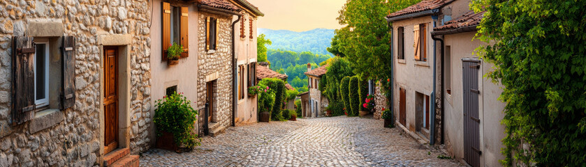 Naklejka premium Charming cobblestone street in picturesque village at sunset, surrounded by lush greenery and quaint houses