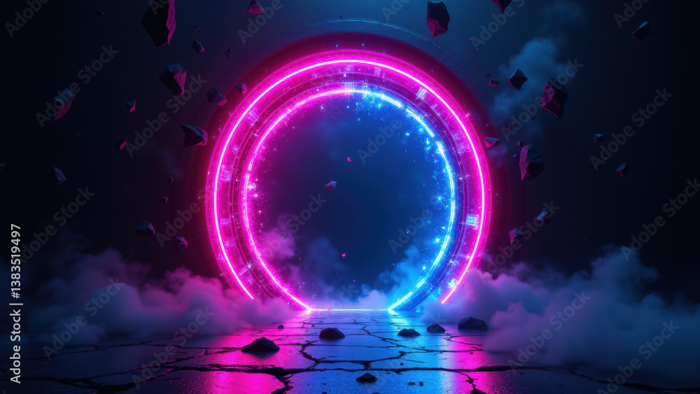 Poster a futuristic scene with an energy portal set against a digital space background, signifying cybersec