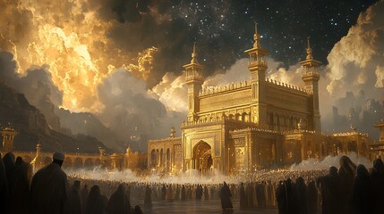 Golden, ornate building atop a cloudscape. This stylized digital image is likely a preview of content uploaded to Adobe Stock.

