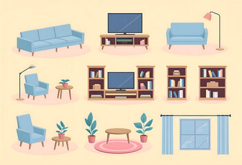 Interior Design Elements: A collection of elegantly designed interior elements, showcasing furniture, lighting and decor elements.