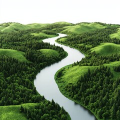 Lush green hills and winding river create serene landscape. vibrant trees and gentle curves evoke sense of tranquility and natural beauty