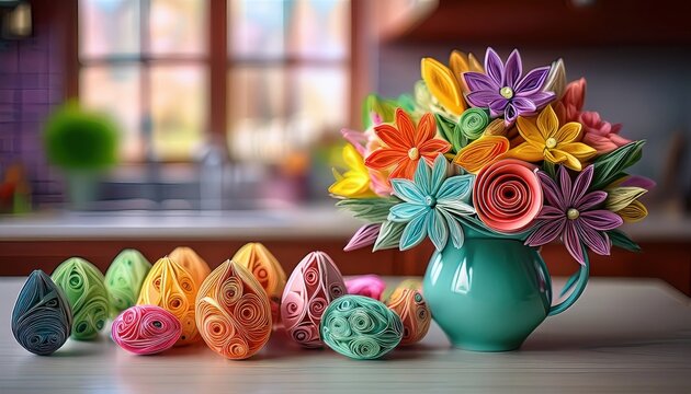 A vibrant bouquet of handcrafted flowers accompanies whimsical Easter eggs in a cheerful setting