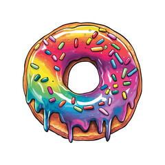 A colorful donut with sprinkles and dripping frosting.