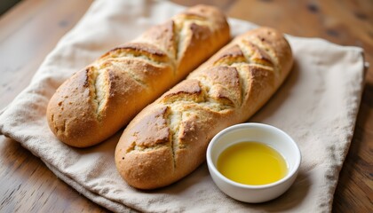 with olive oil dip on a linen cloth background   v 6