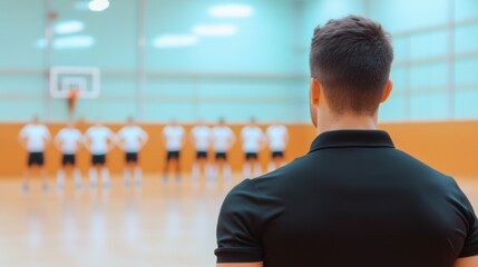 Male coach overseeing team practice in indoor gym