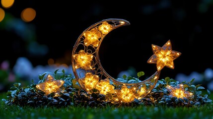 Illuminated moon and star garden decoration at night