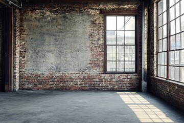 Industrial loft space with exposed brick walls and large windows