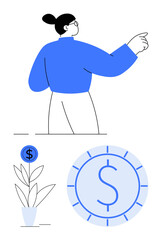 Person pointing forward with a dollar coin and a money plant signifying investment and growth. Ideal for finance, investment, business strategy, progress, goal setting, wealth building, flat simple