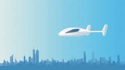 Futuristic white drone flying over city skyline with blue gradient background