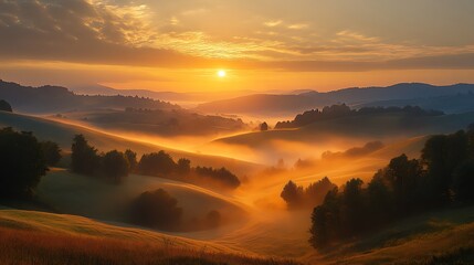 Beautiful golden sunrise illuminates a valley filled with trees and fog