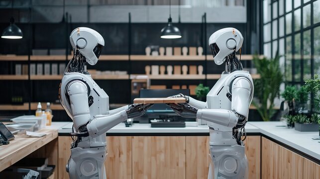 Futuristic automated woodworking shop with robots modern industrial environment gigapixel quality