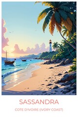 Sassandra Cote d'ivoire (ivory coast) Travel Poster Flat Illustration Print Decor Gift Canvas Wall Art Gift