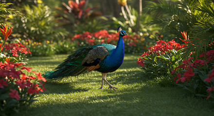 Obraz premium Beautiful blue peafowl portrait in nature shows bright colorful plumage and feathers